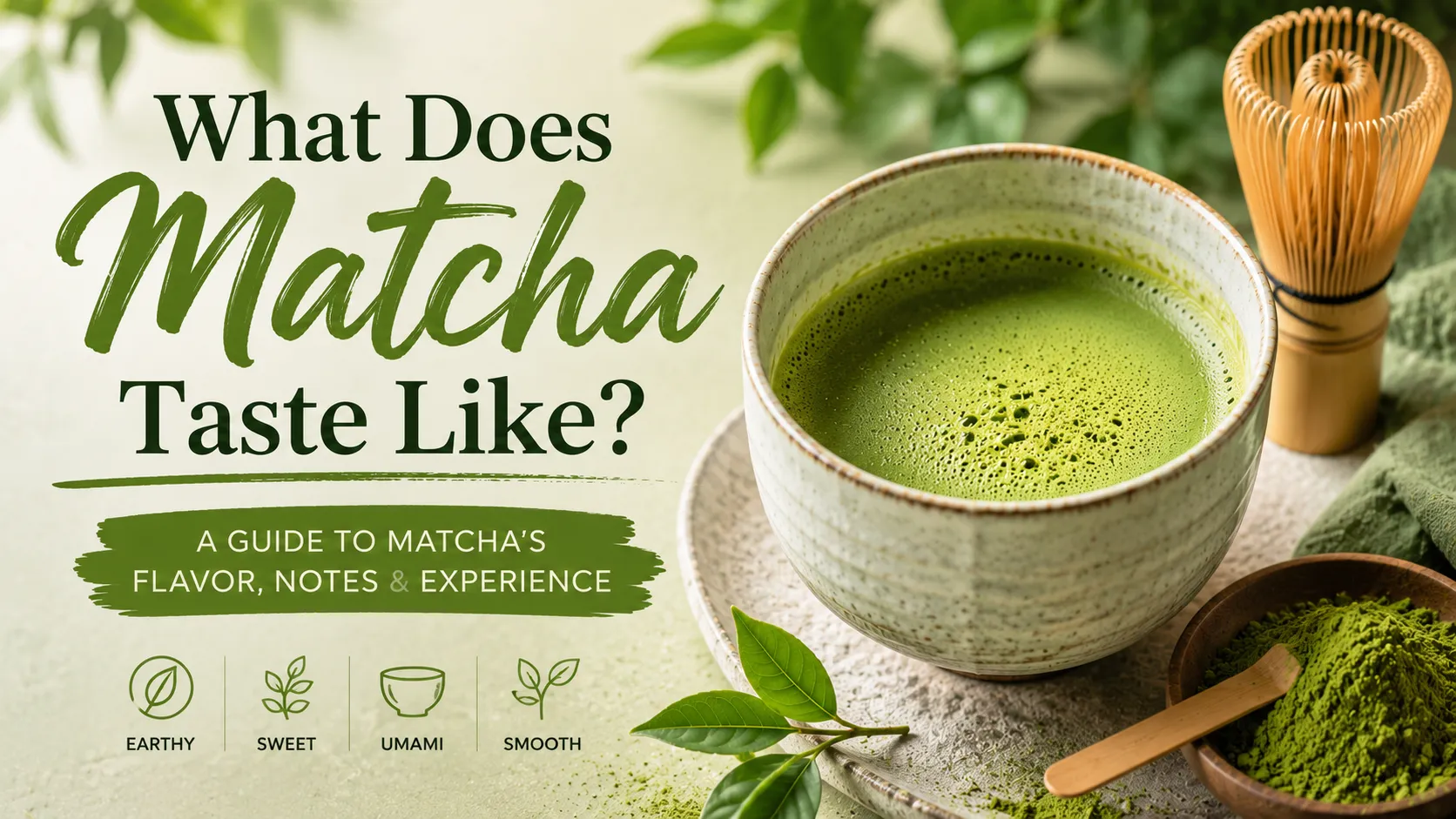 Bright green matcha powder and a freshly whisked bowl of matcha tea