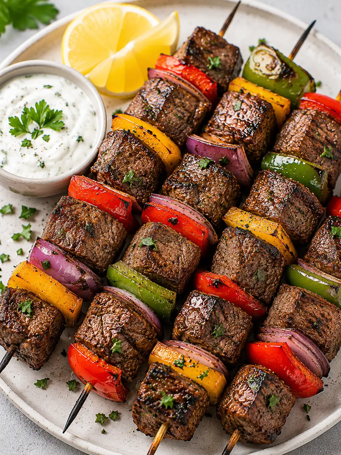 Air fryer beef kebabs with peppers and onions
