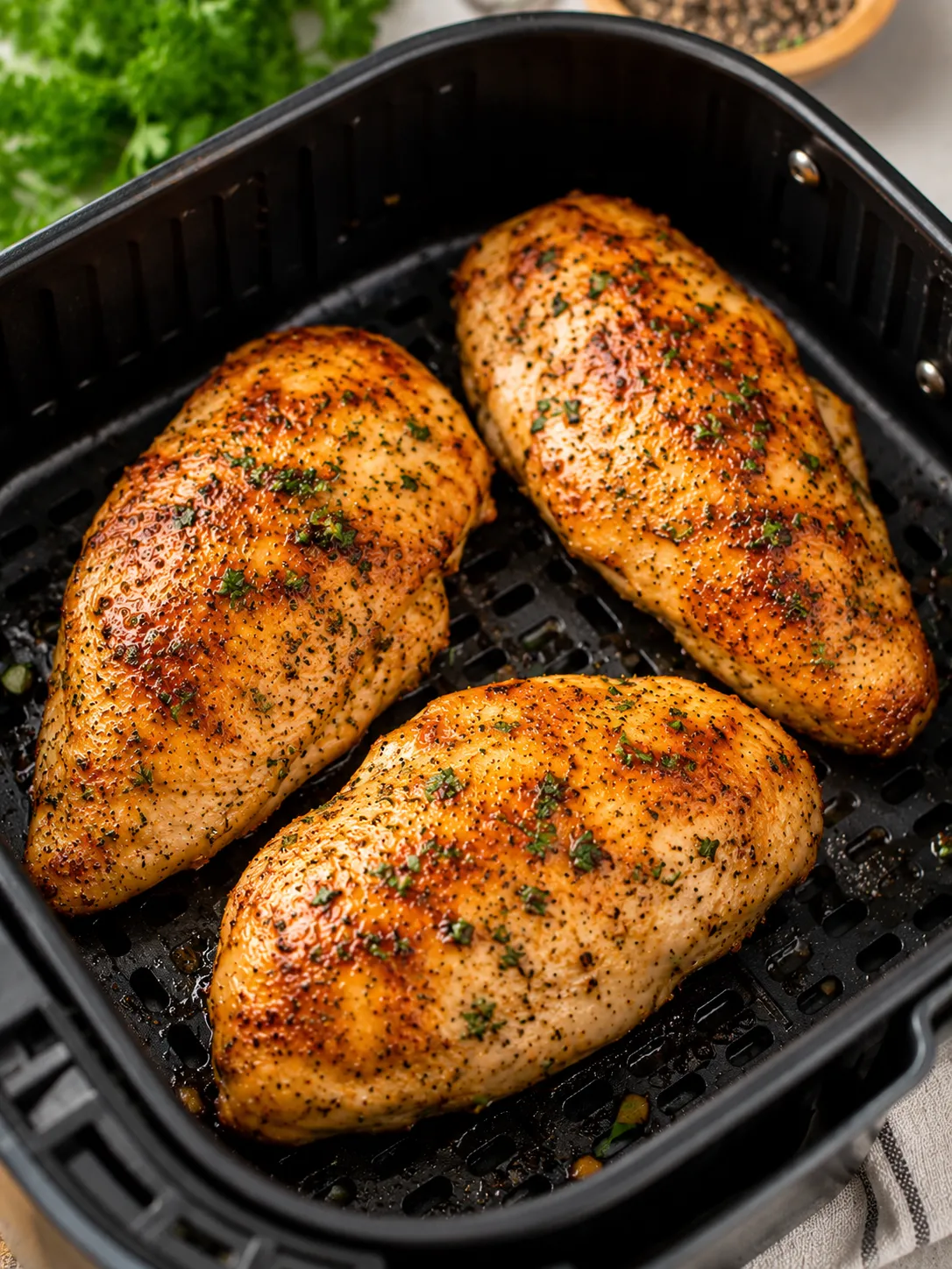 Golden air fryer chicken breasts sliced to show juicy interior