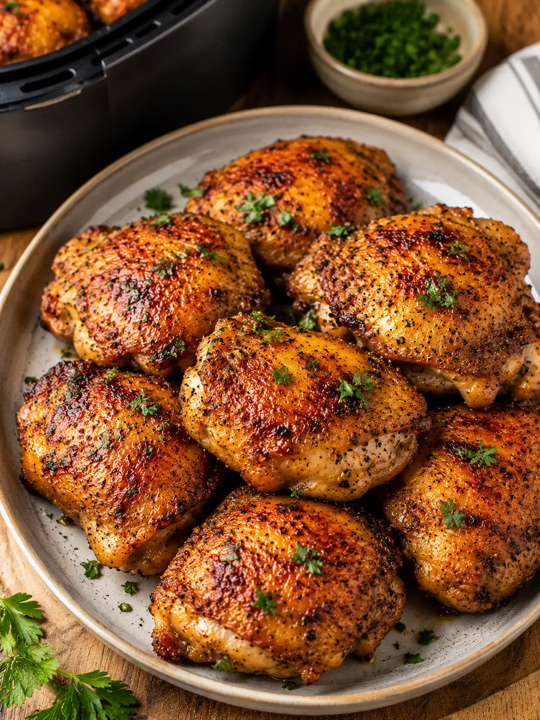 Crispy air fryer chicken thighs on a plate