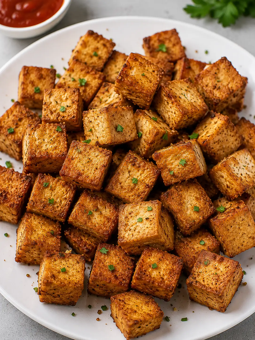 Crispy air fryer tofu cubes with green onion