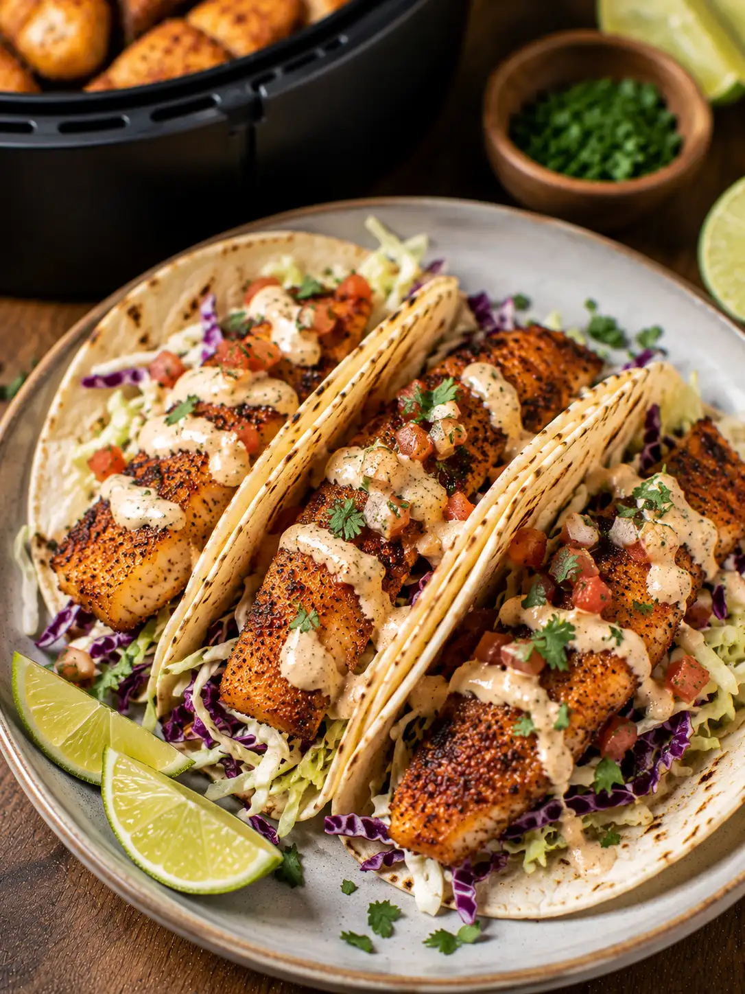 Air fryer fish tacos with slaw and lime crema