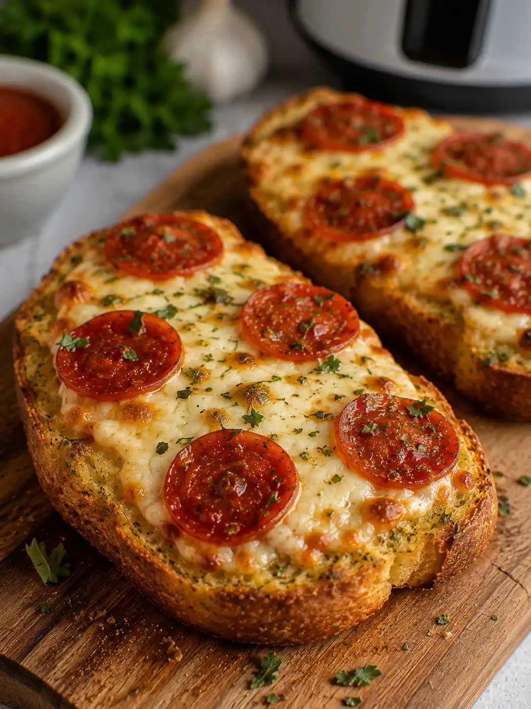 Air fryer garlic bread pizza with melted cheese and basil