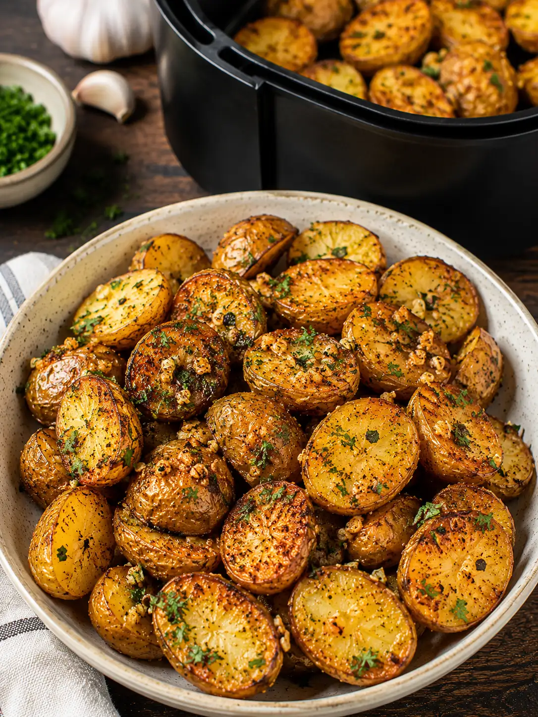 Crispy air fryer garlic potatoes with parsley