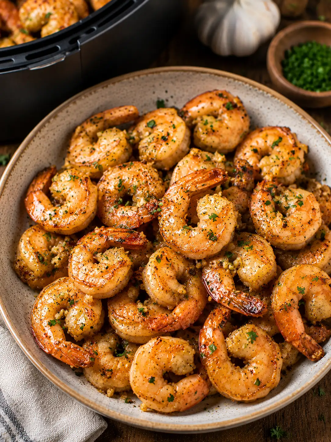Air fryer garlic butter shrimp with parsley and lemon
