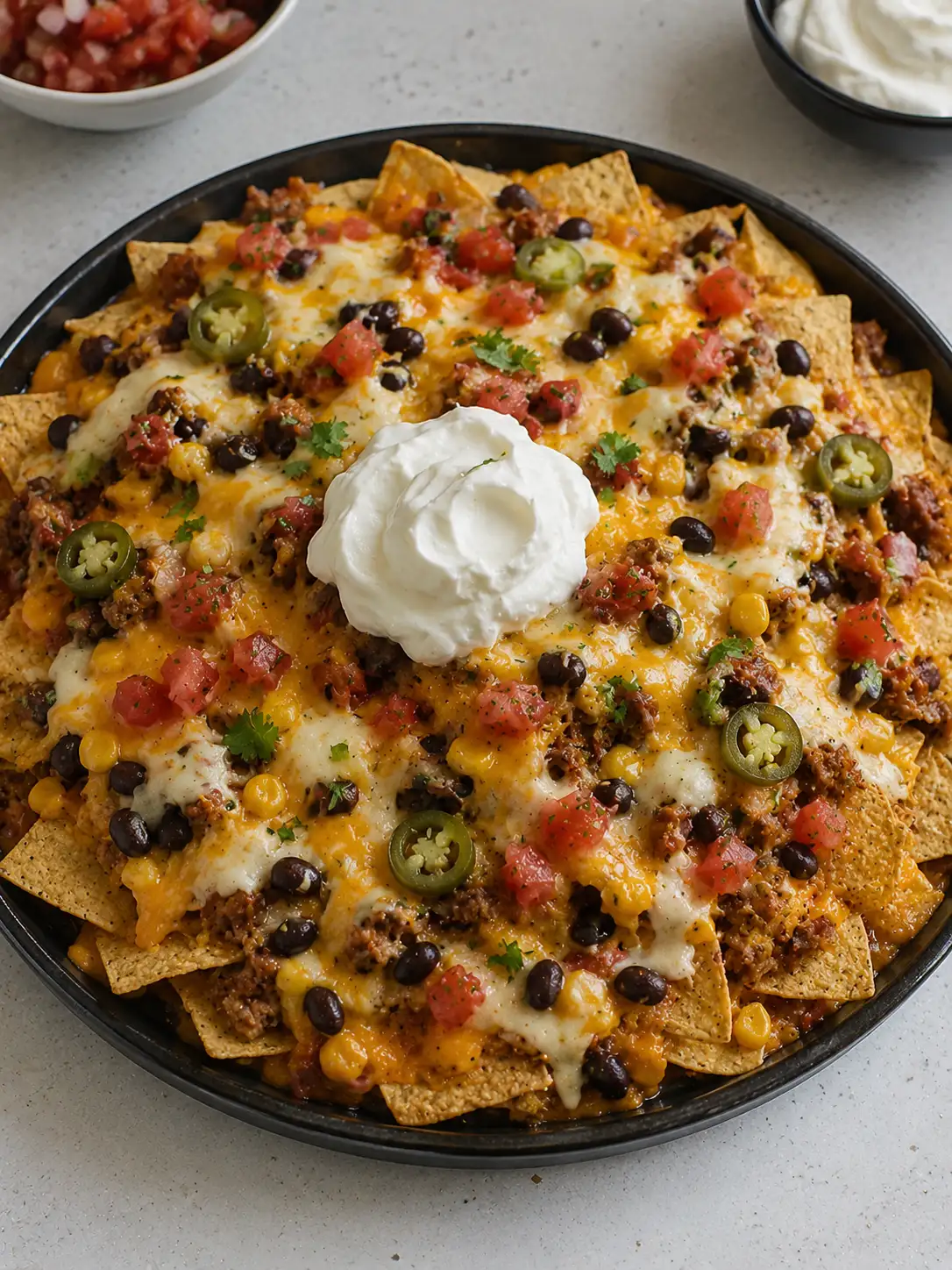 Air fryer loaded nachos with beef, cheese, and jalapenos