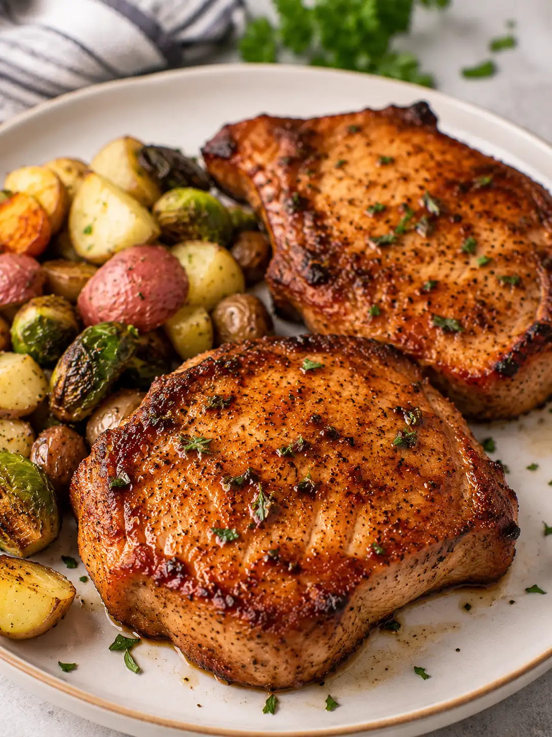Golden air fryer pork chops with herbs