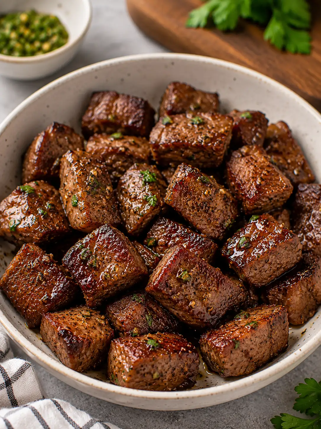 Air fryer steak bites with garlic butter and parsley