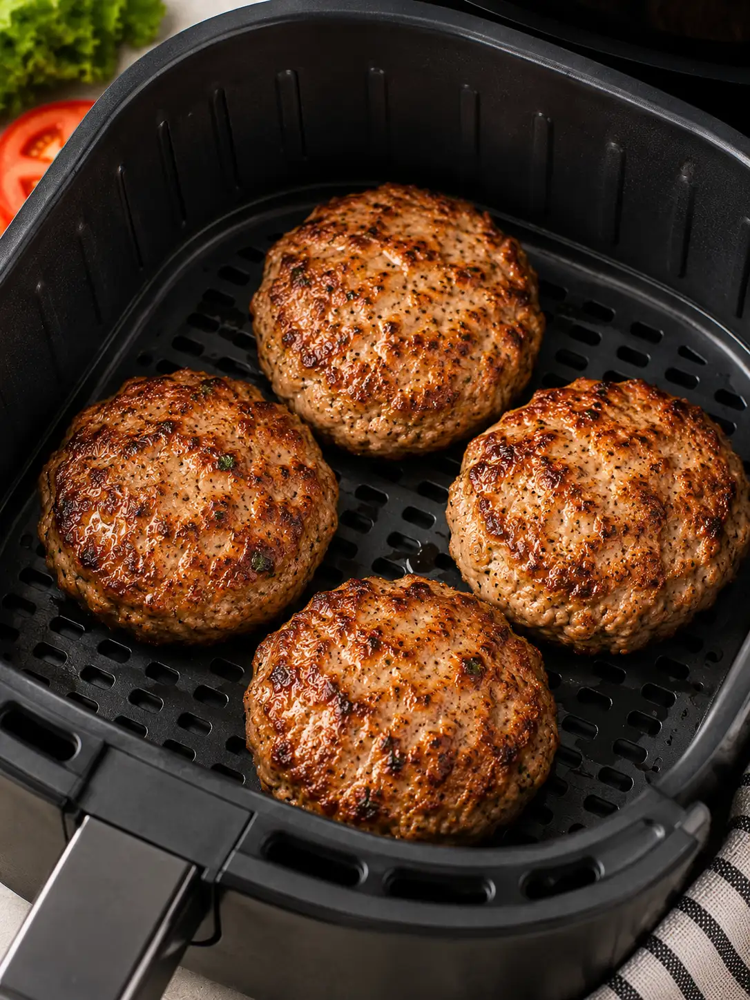 Air fryer turkey burger on a bun with lettuce and tomato