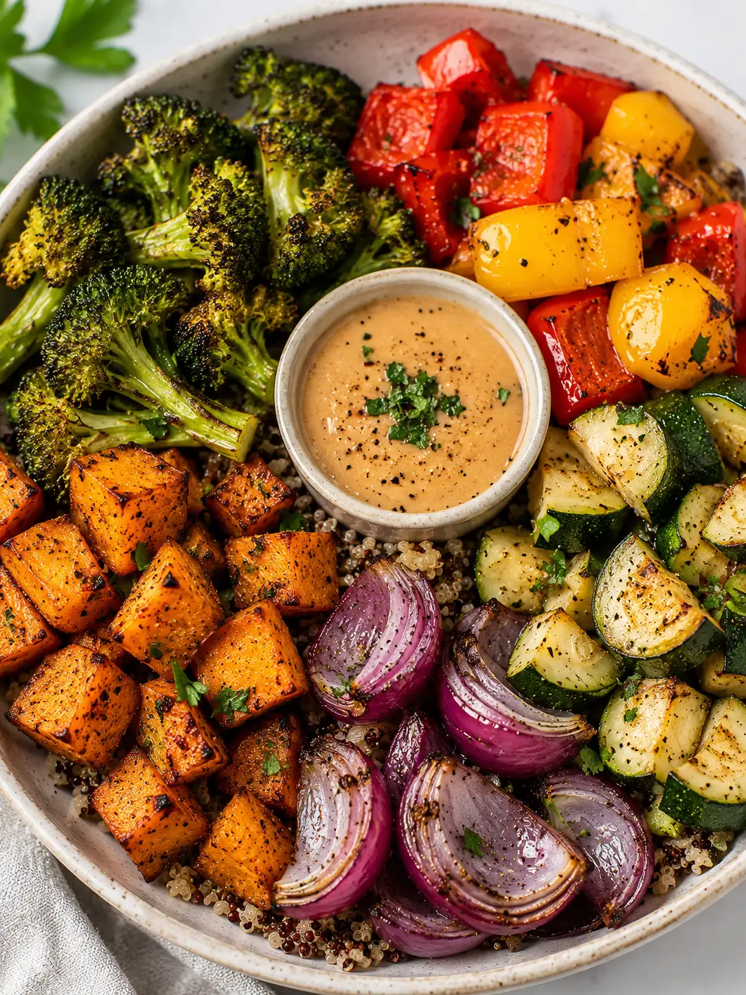 Air fryer veggie bowl with roasted vegetables and grains