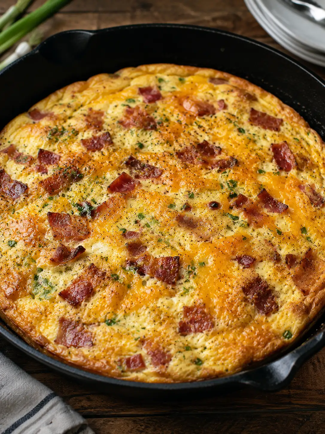 Bacon and cheddar frittata sliced into wedges