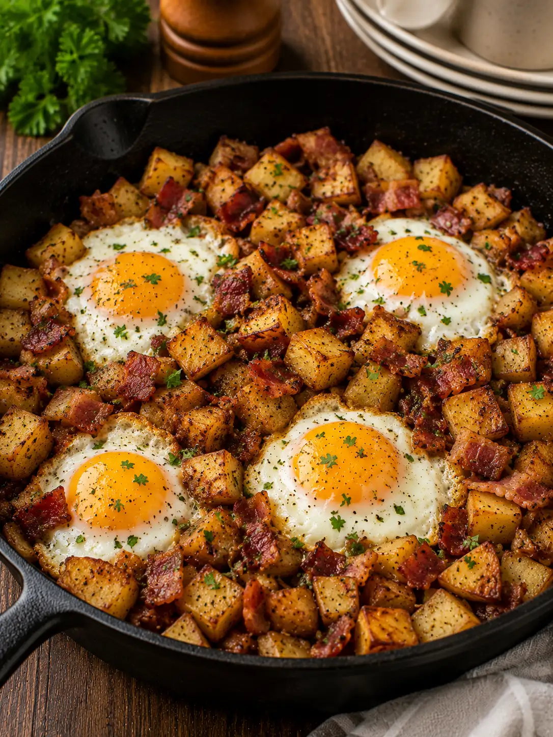Bacon, egg, and potato skillet with cheese