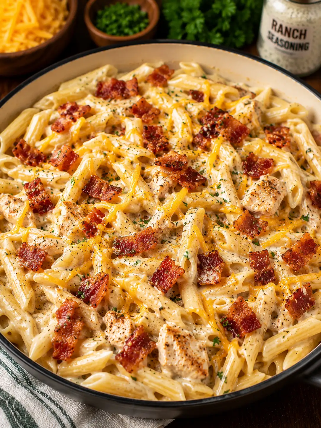 Bacon ranch pasta with crispy bacon and cheddar