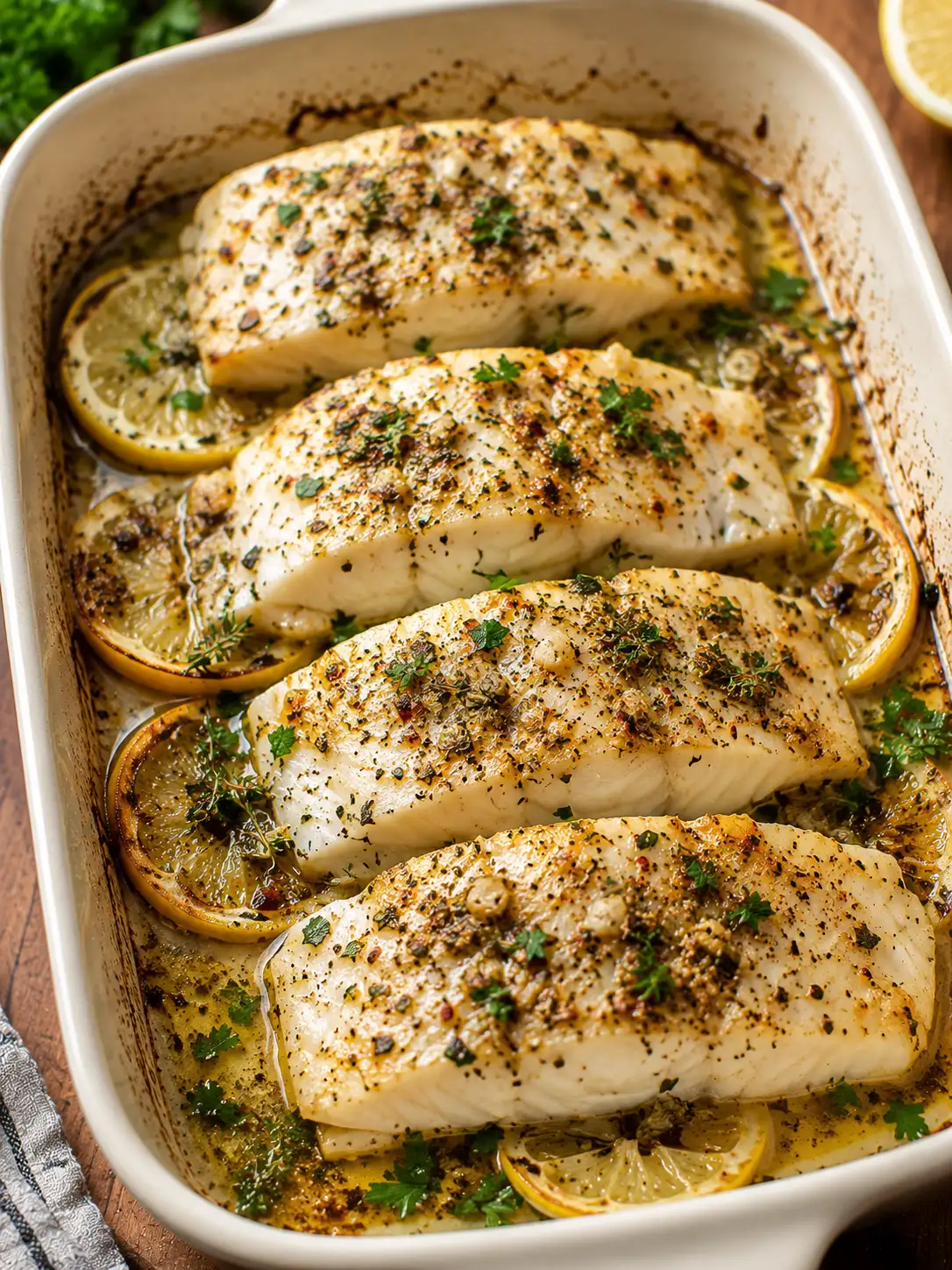Baked cod with herbs and lemon in a dish