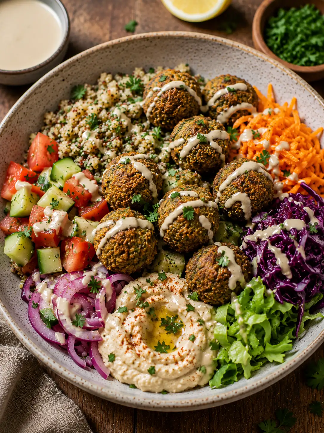 Baked falafel bowl with greens, vegetables, and tahini sauce