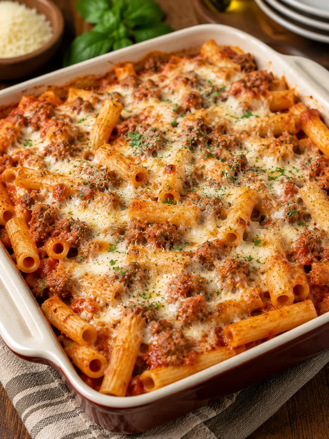 Baked ziti with melted mozzarella and tomato sauce