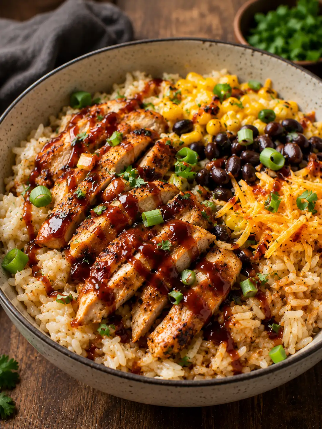 BBQ chicken rice bowl with corn and beans