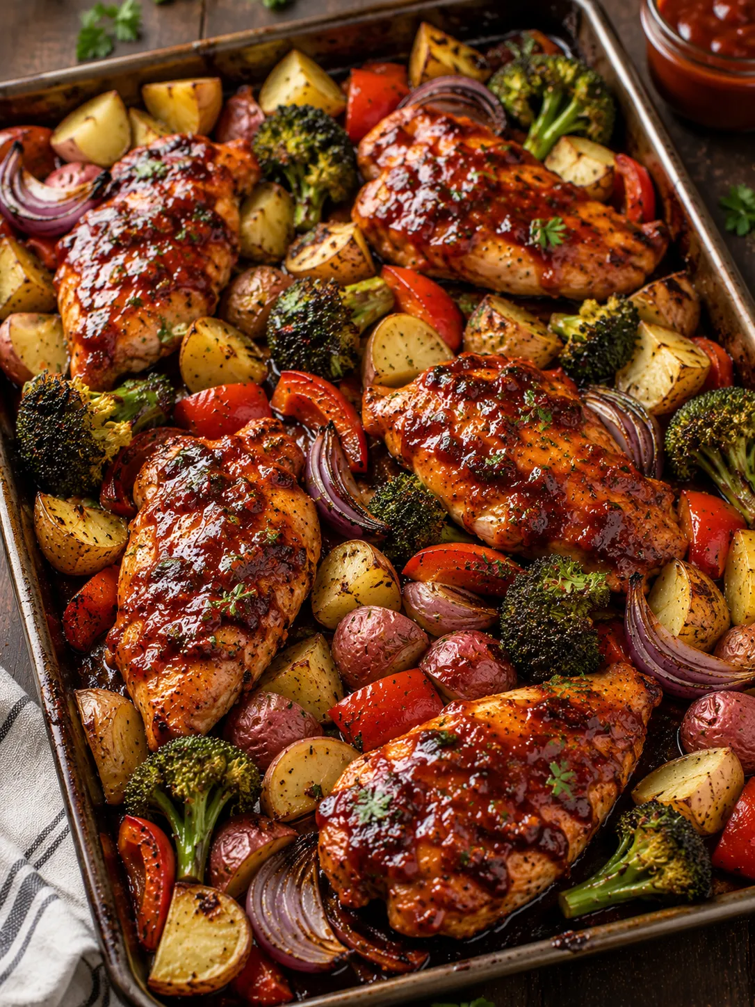 BBQ chicken thighs on a sheet pan with potatoes and green beans