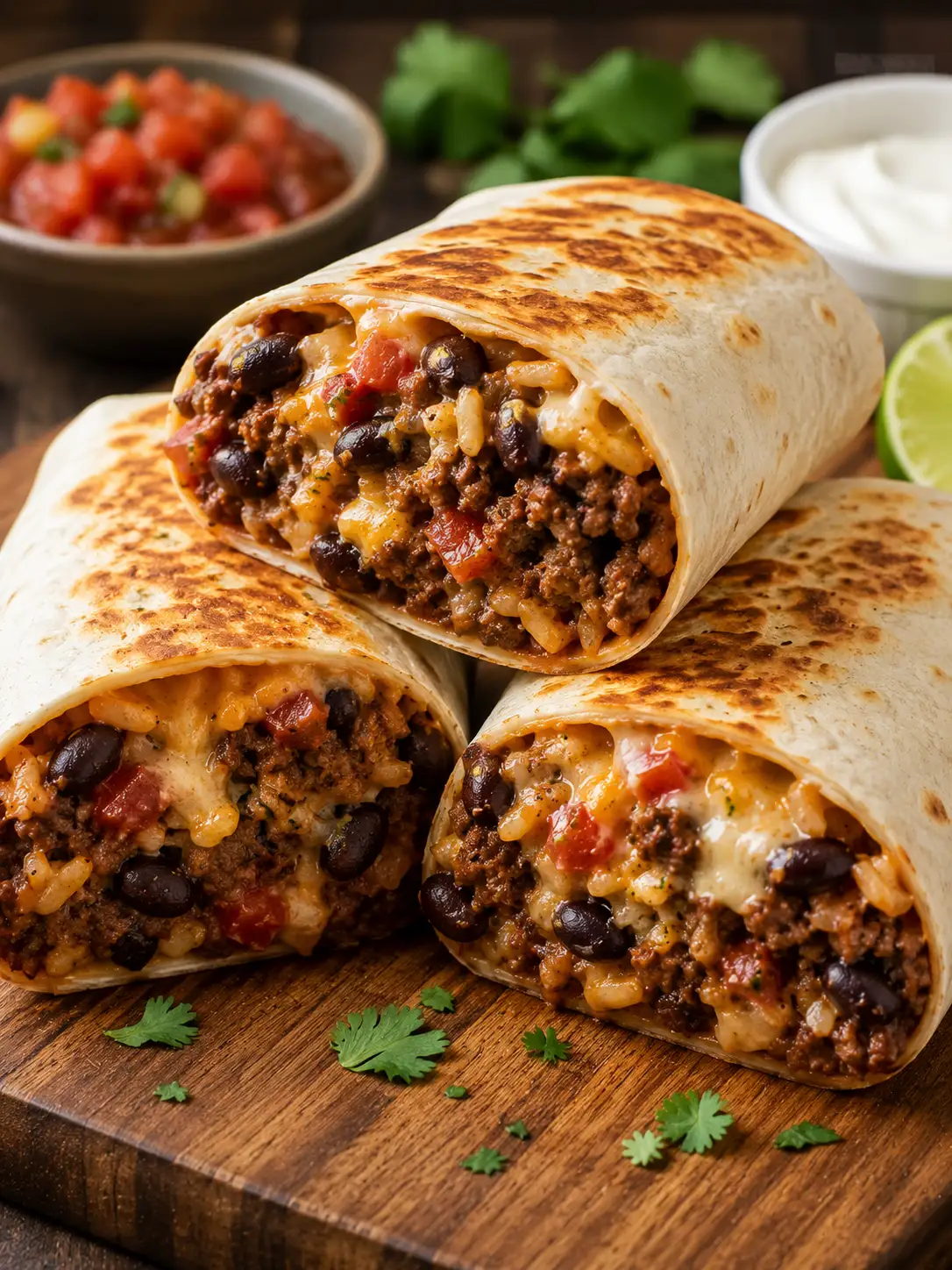 Beef and bean burritos toasted golden and sliced open
