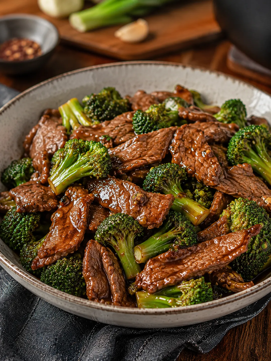 Ground beef and broccoli stir fry in a glossy sauce over rice