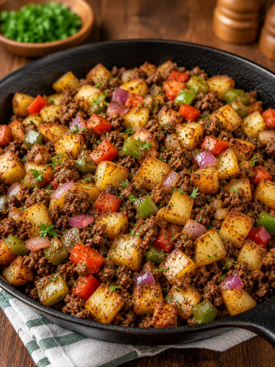Beef and potato hash in a skillet topped with a fried egg
