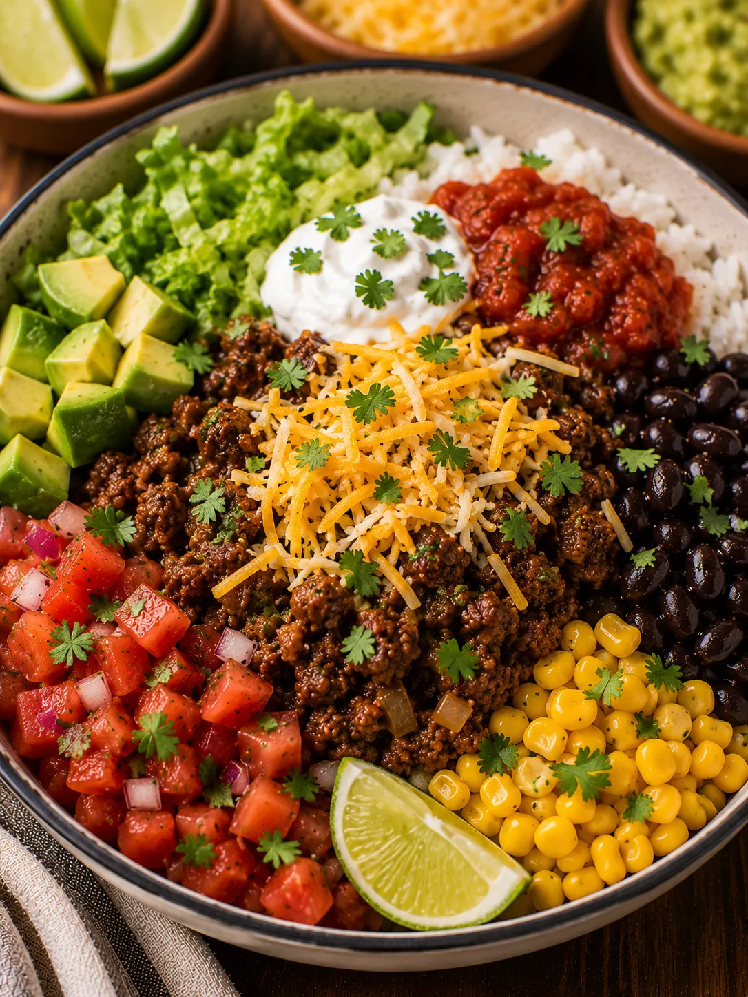 Beef burrito bowl with rice, black beans, corn, and avocado
