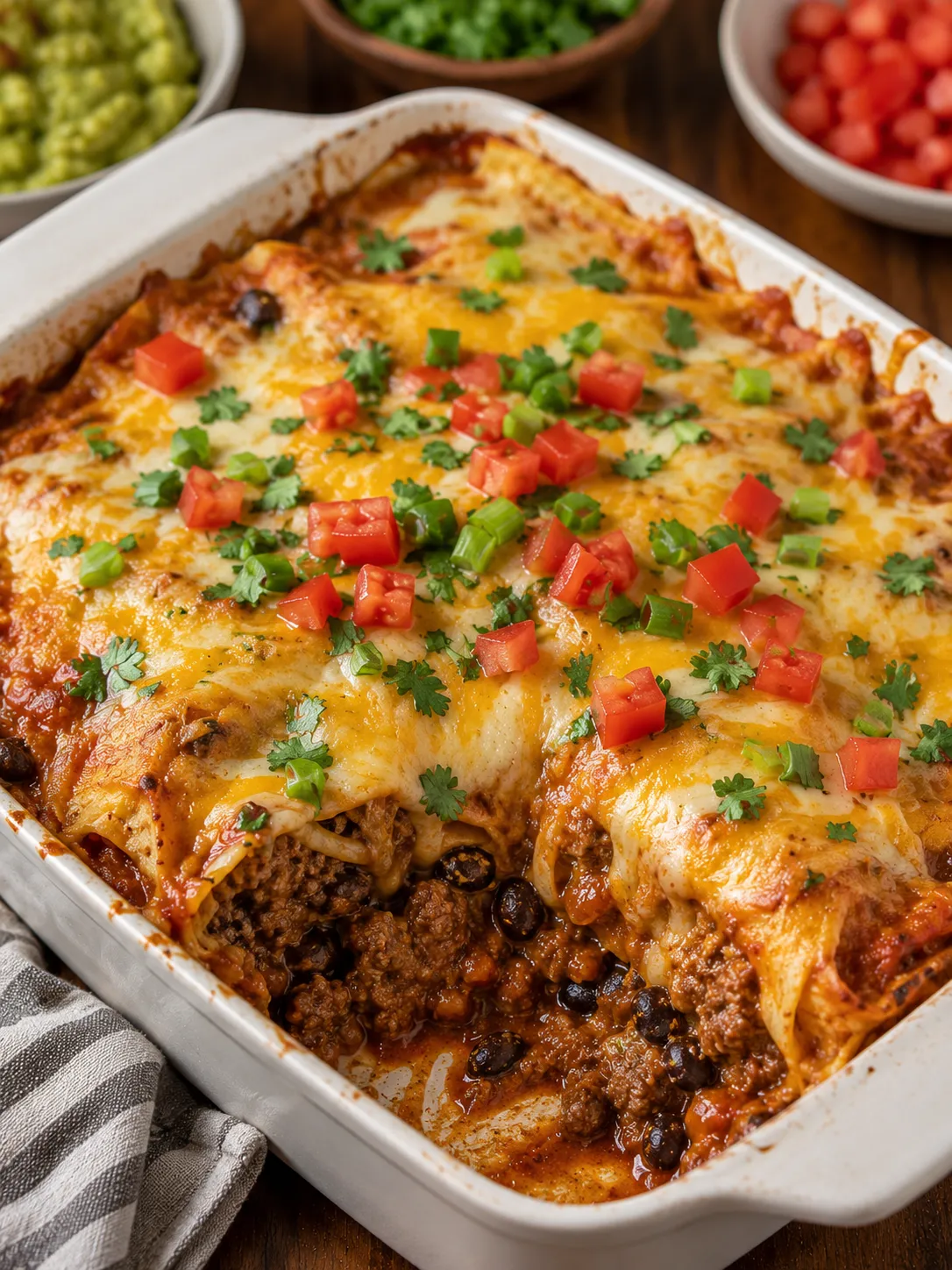 Beef enchilada casserole layered with tortillas and melted cheese