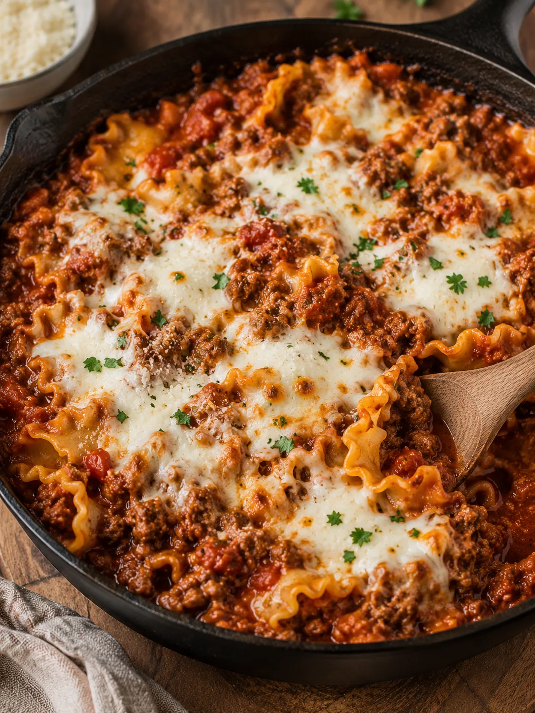 Beef lasagna skillet with ricotta and melted mozzarella