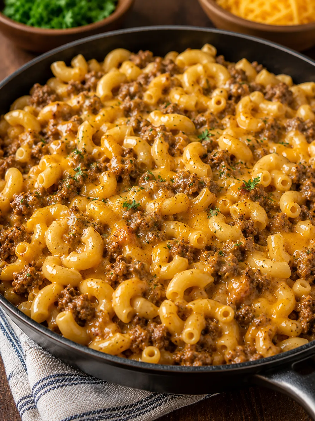 Creamy beef mac and cheese in a pot