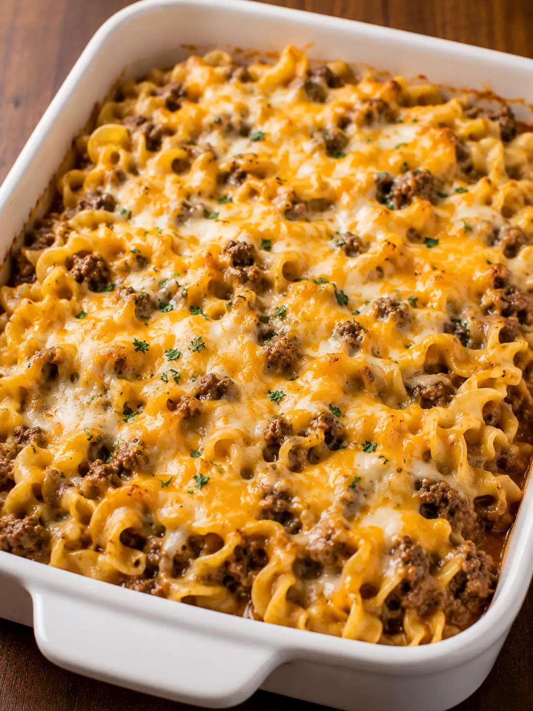 Beef noodle casserole with melted cheese