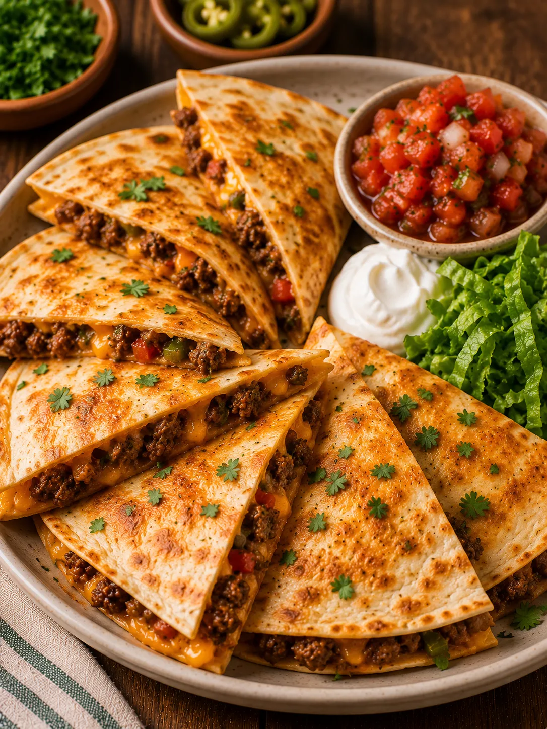 Crispy beef quesadillas cut into wedges with melted cheese