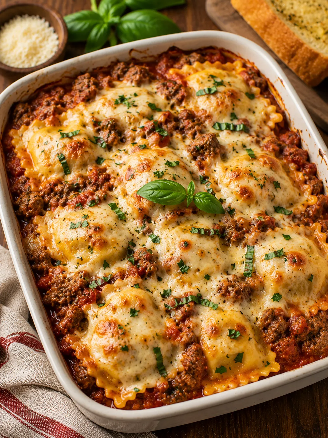 Beef ravioli bake with melted mozzarella and marinara
