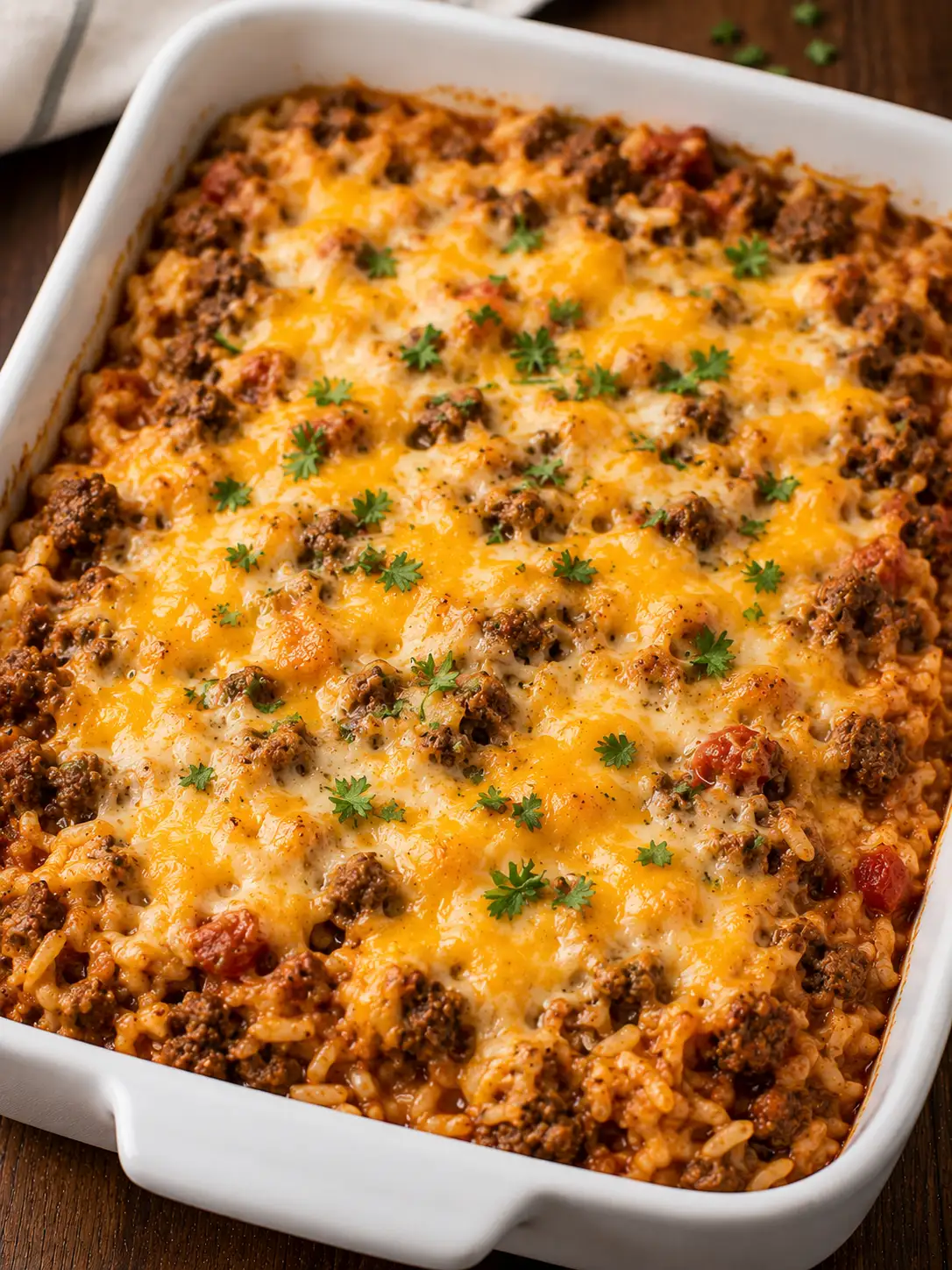 Beef and rice casserole with melted cheese