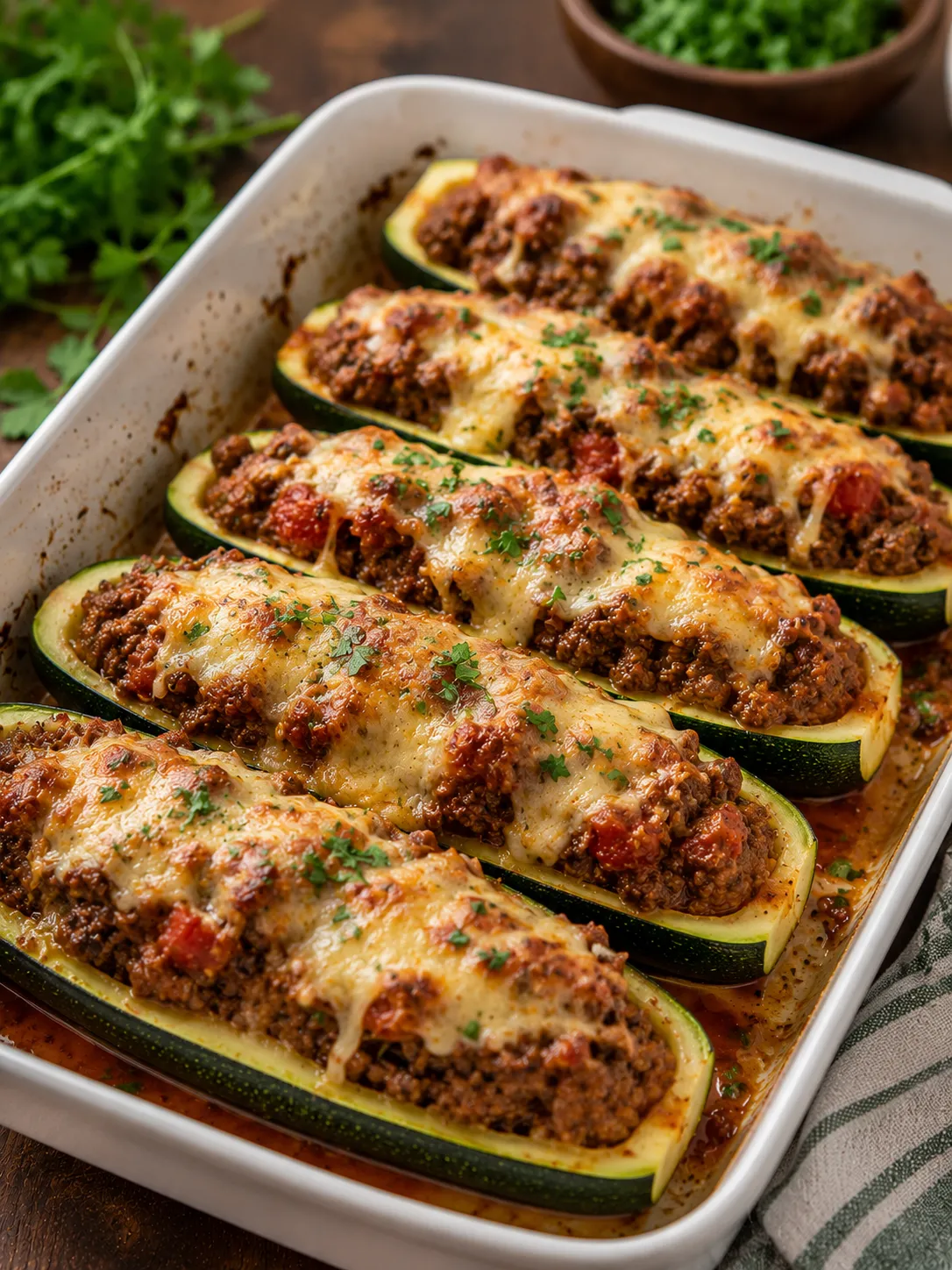 Beef stuffed zucchini boats topped with melted cheese