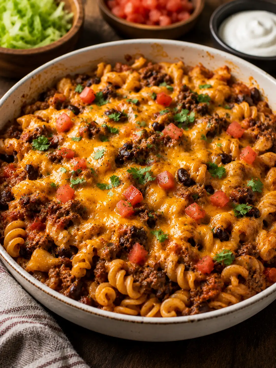 Beef taco pasta with cheese and green onion