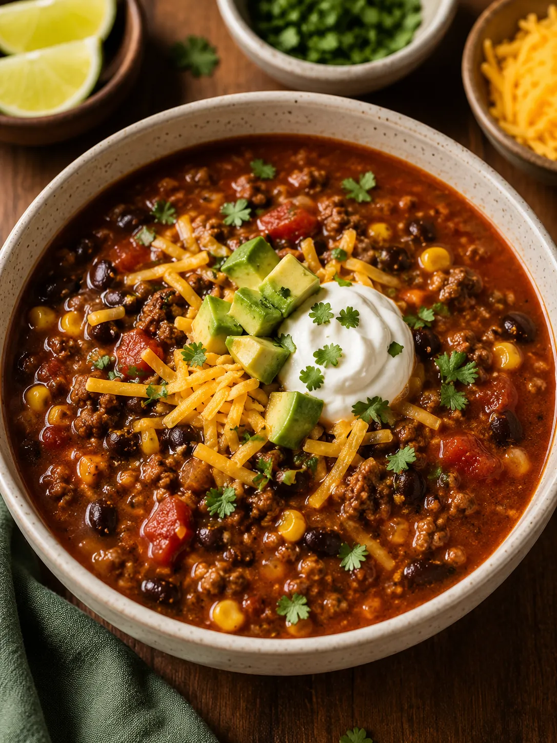 Bowl of beef taco soup with cheese, avocado, and tortilla chips