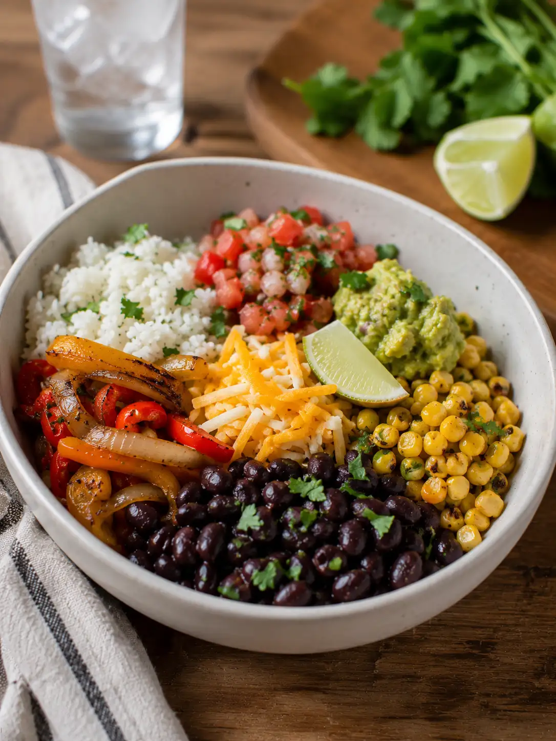 Black bean burrito bowl with rice, corn, and avocado