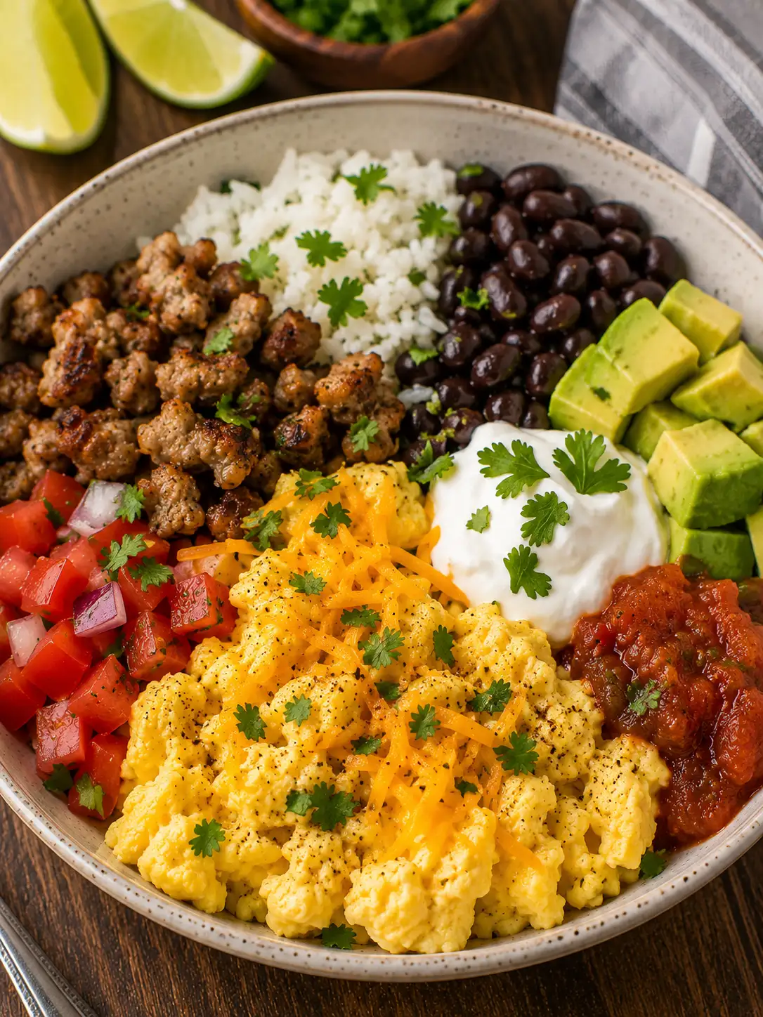 Breakfast burrito bowl with eggs, potatoes, beans, and avocado