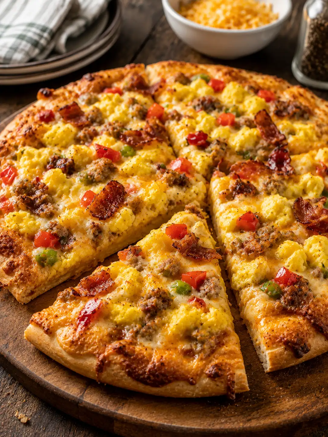 Breakfast pizza with scrambled eggs, bacon, cheese, and hollandaise drizzle on a wooden board