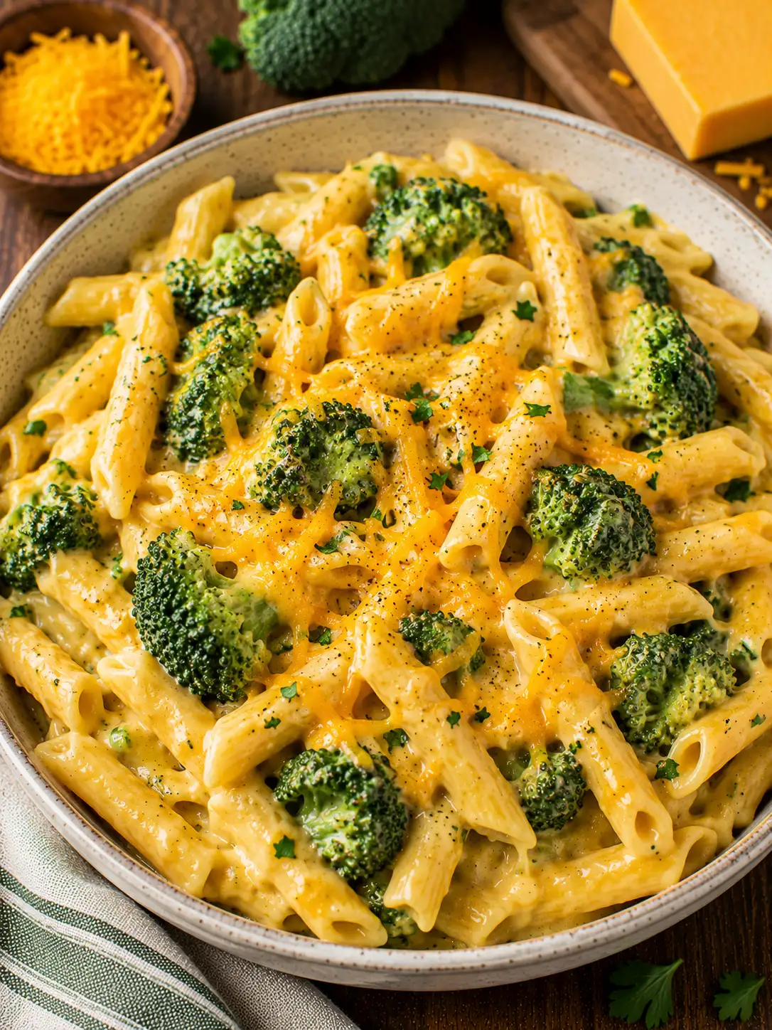 Broccoli cheddar pasta in a creamy cheese sauce
