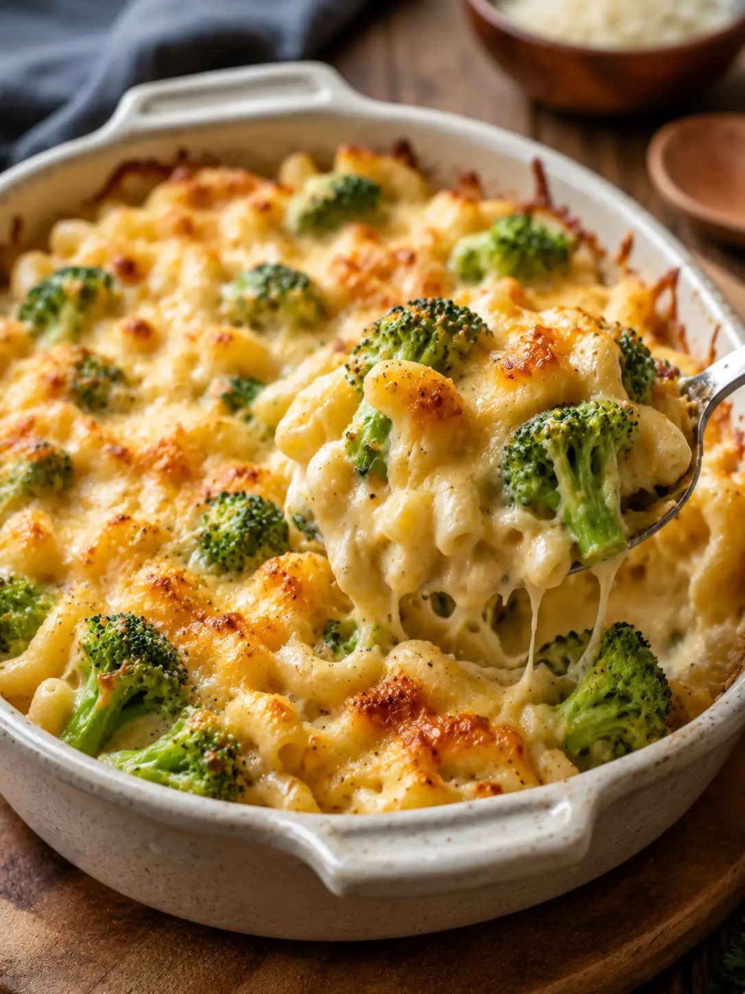 Broccoli mac and cheese in a creamy cheese sauce
