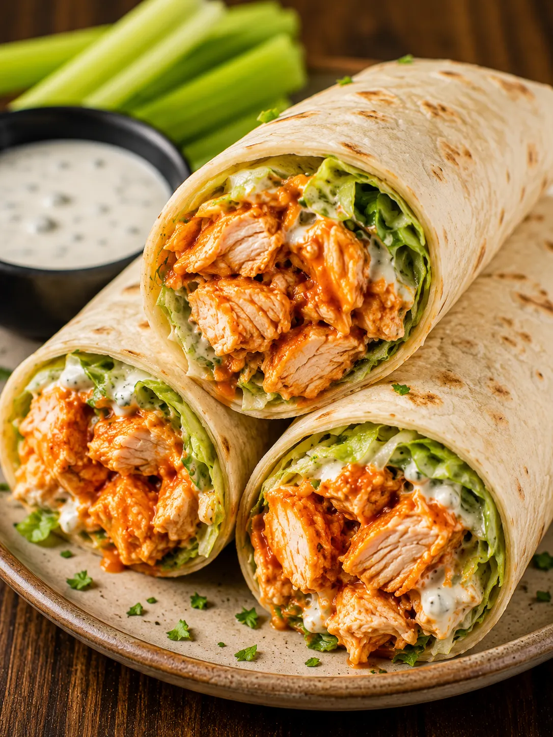 Buffalo chicken wraps cut in half showing lettuce and sauce