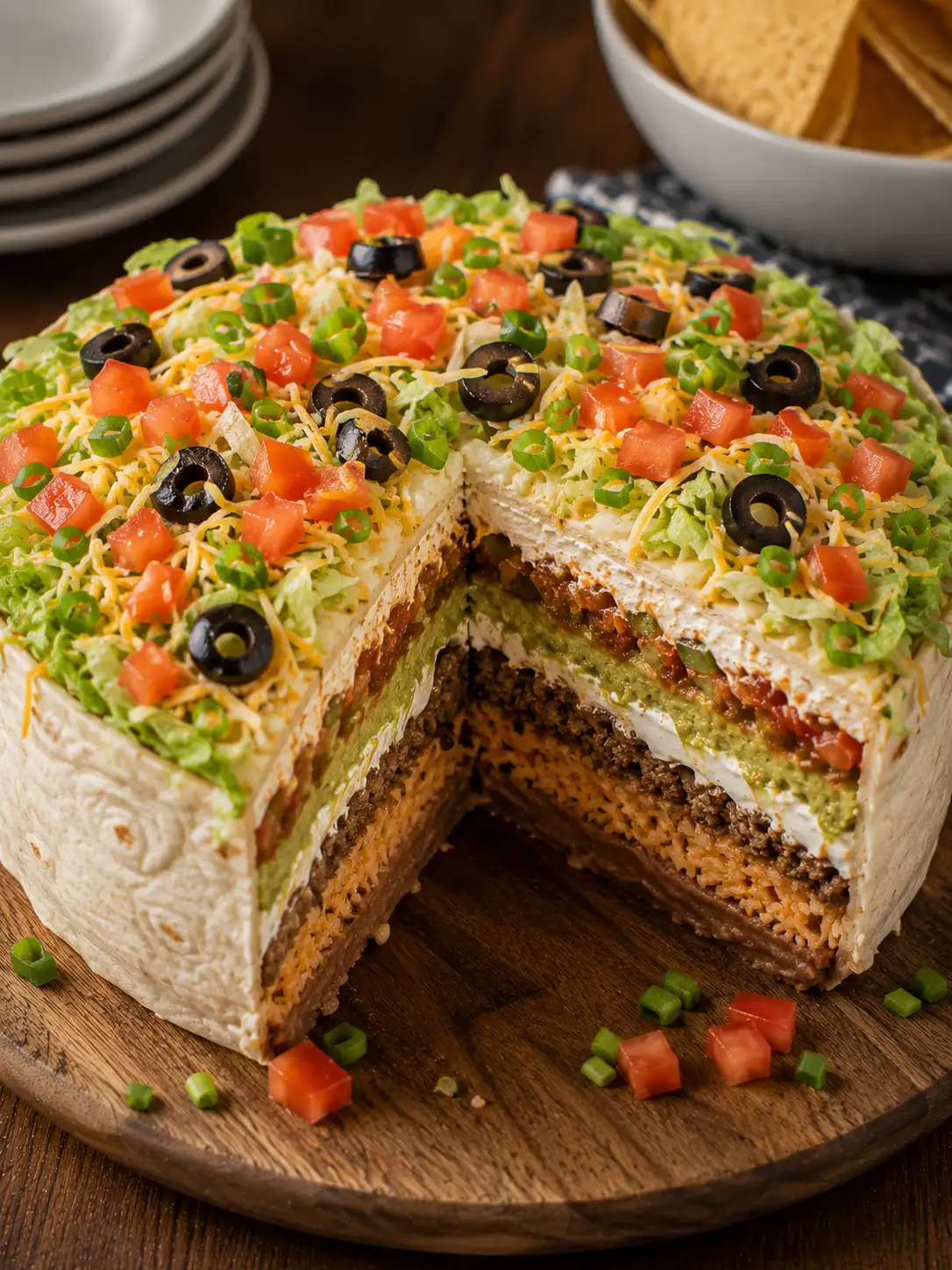 Layered burrito bowl cake sliced open showing rice, beef, beans, cheese, and guacamole layers