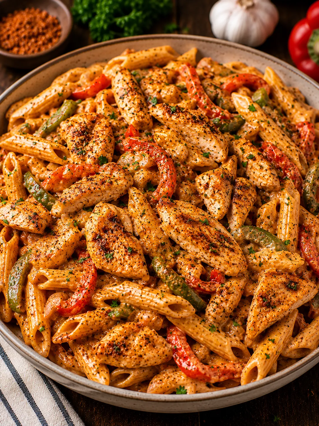 Cajun chicken pasta with peppers in a creamy sauce