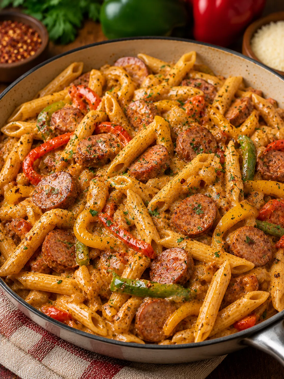 Cajun sausage pasta with peppers in a creamy sauce