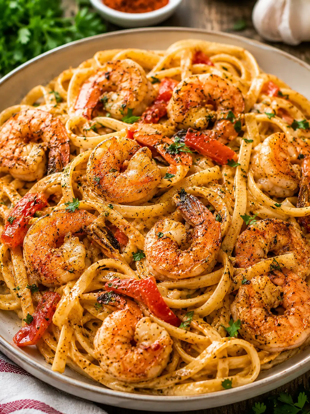 Cajun shrimp pasta with peppers in a creamy sauce