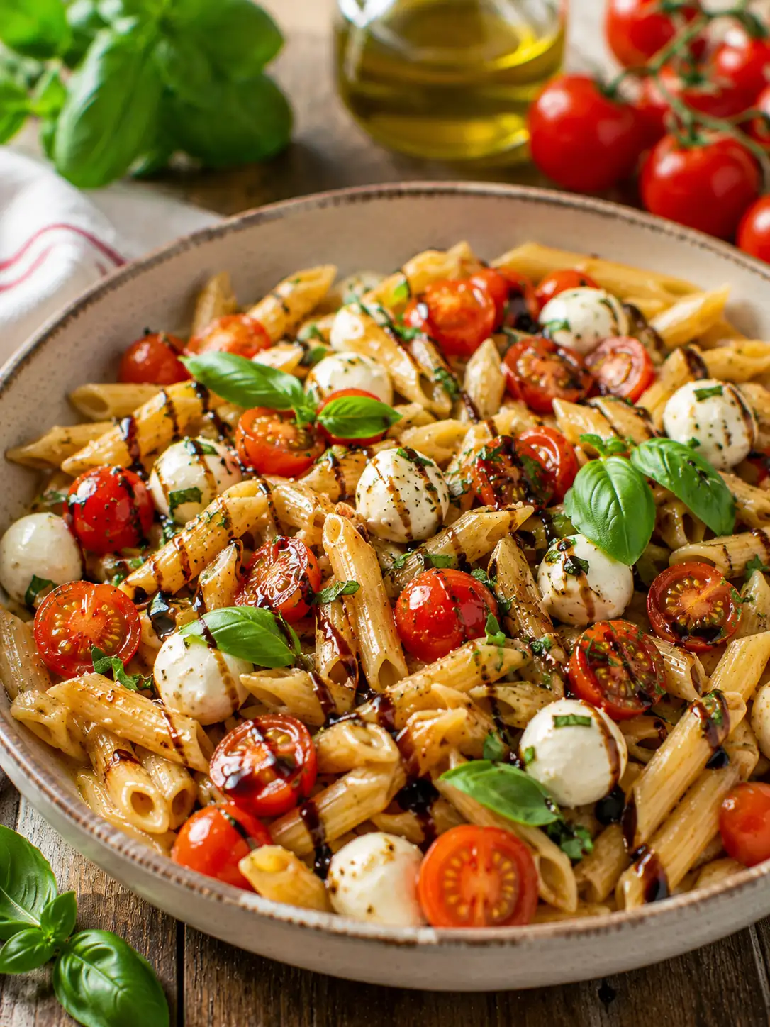 Caprese pasta with tomatoes, mozzarella, basil, and balsamic