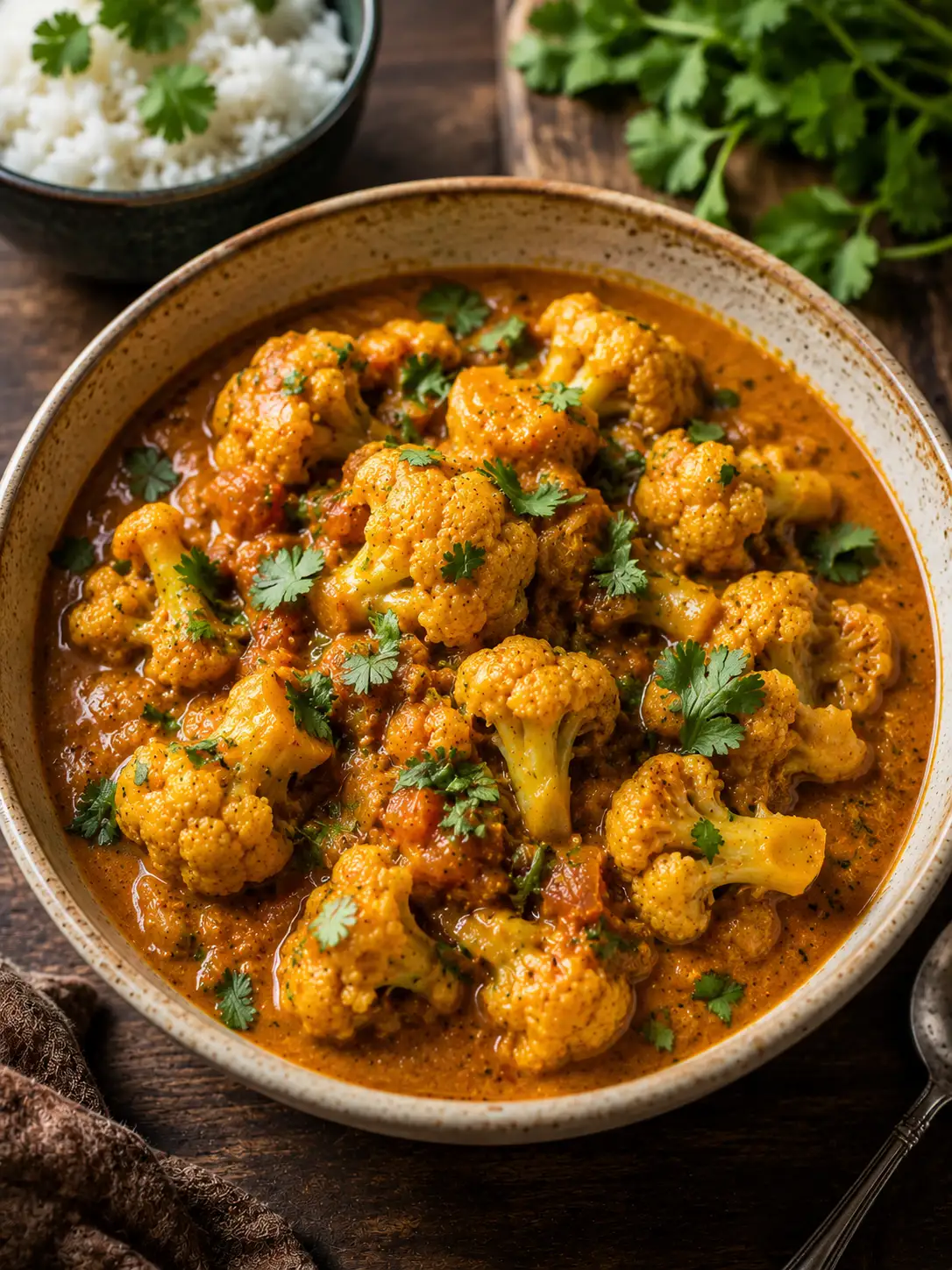 Cauliflower and chickpea curry in a coconut sauce over rice