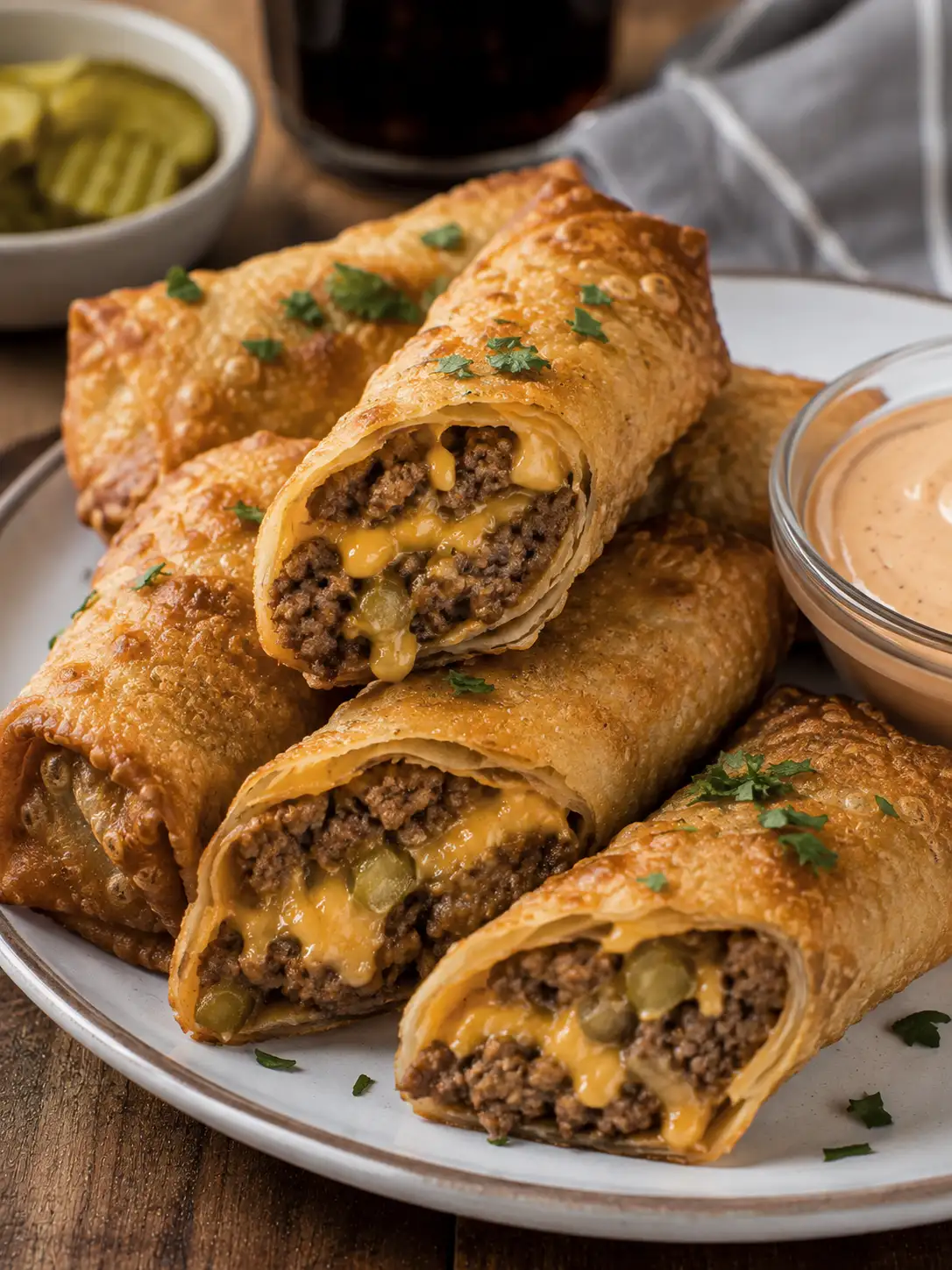 Crispy cheeseburger egg rolls cut in half showing the beef and cheese filling inside
