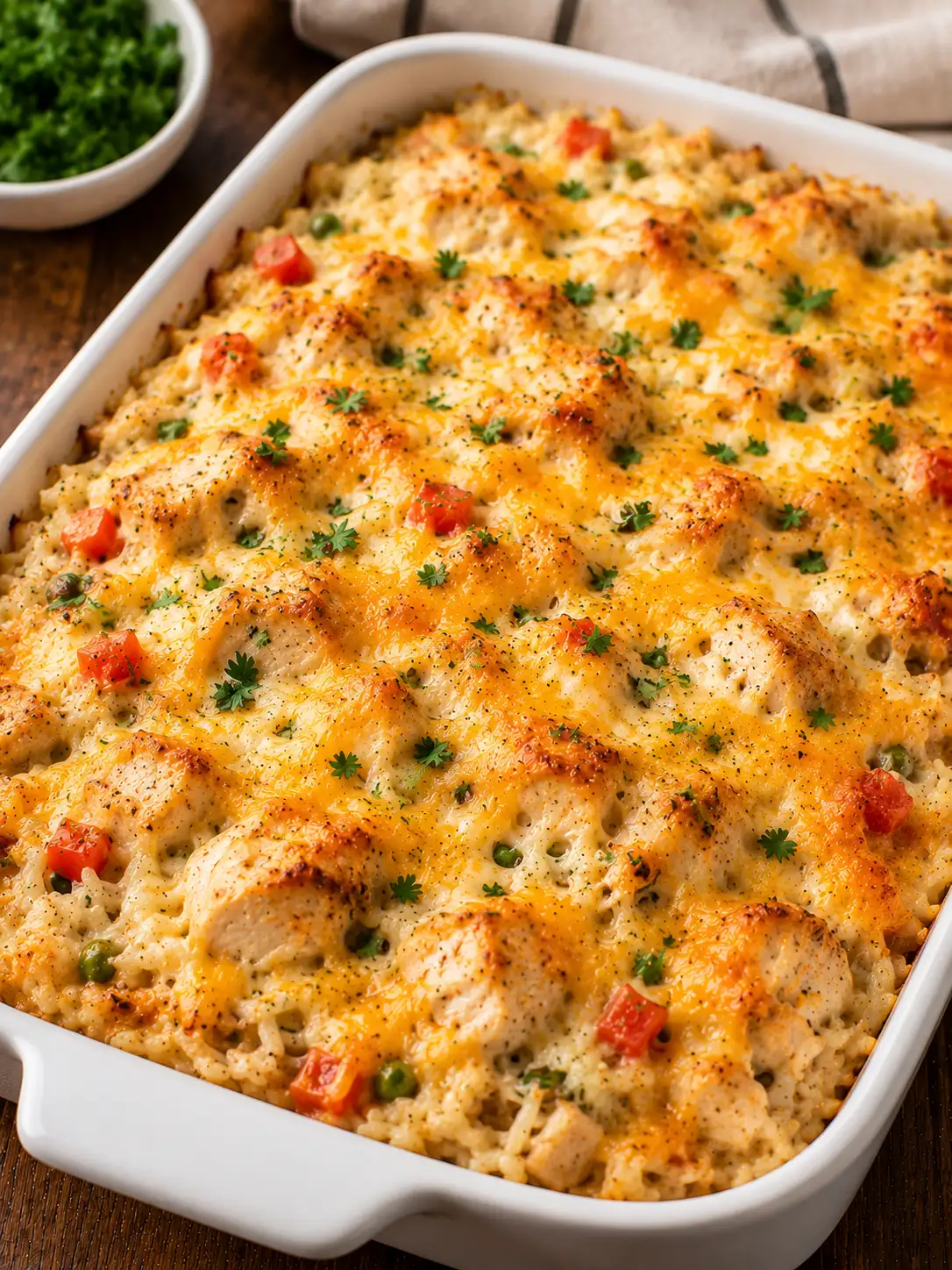 Cheesy chicken and rice bake with golden cheese top